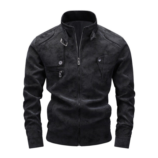 Herren Vintage-Utility Lederimitatjacke mit Stehkragen und mehreren Taschen Nord Taschen