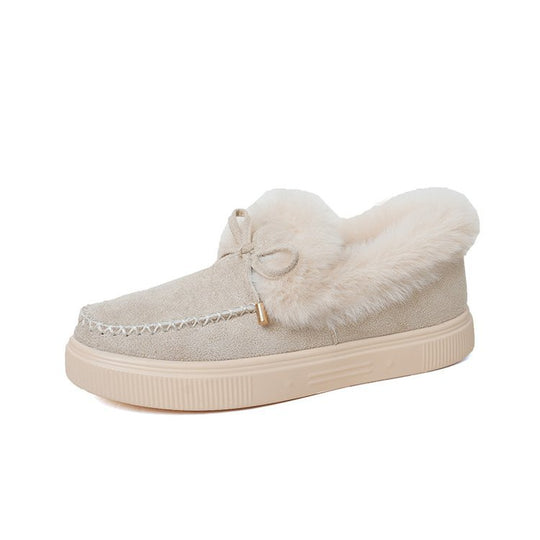 Damen Kuschel‑Mokassin‑Slipper mit hochfloriger Fellmanschette, dekorativer Steppnaht und leichtem Plateau‑Sohlenprofil Nord Taschen
