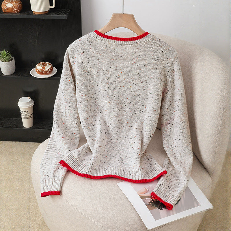 Damen Gesprenkelte Strickjacke mit Kontrastkanten und Herzknöpfen Nord Taschen
