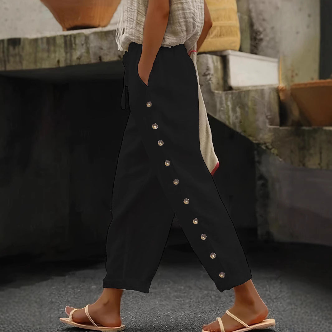 Damen Leichte Leinenhose mit hoher Taille, Kordelzug und seitlicher Druckknopf-Detailierung Nord Taschen