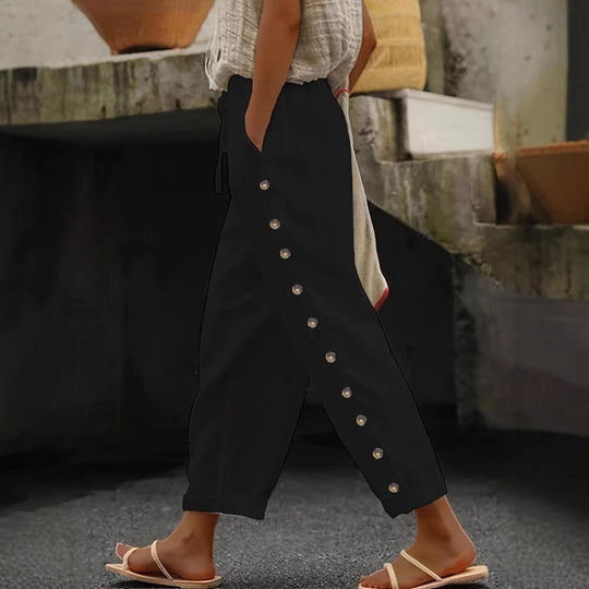 Damen Leichte Leinenhose mit hoher Taille, Kordelzug und seitlicher Druckknopf-Detailierung Nord Taschen