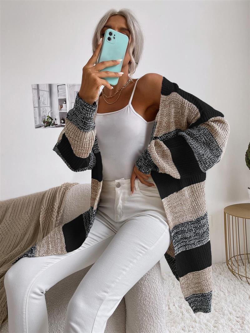 Damen Lässiger Strickmantel mit Streifen Nord Taschen