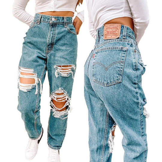 Damen Vintage High-Waist Destroyed Jeans mit fransigen Details