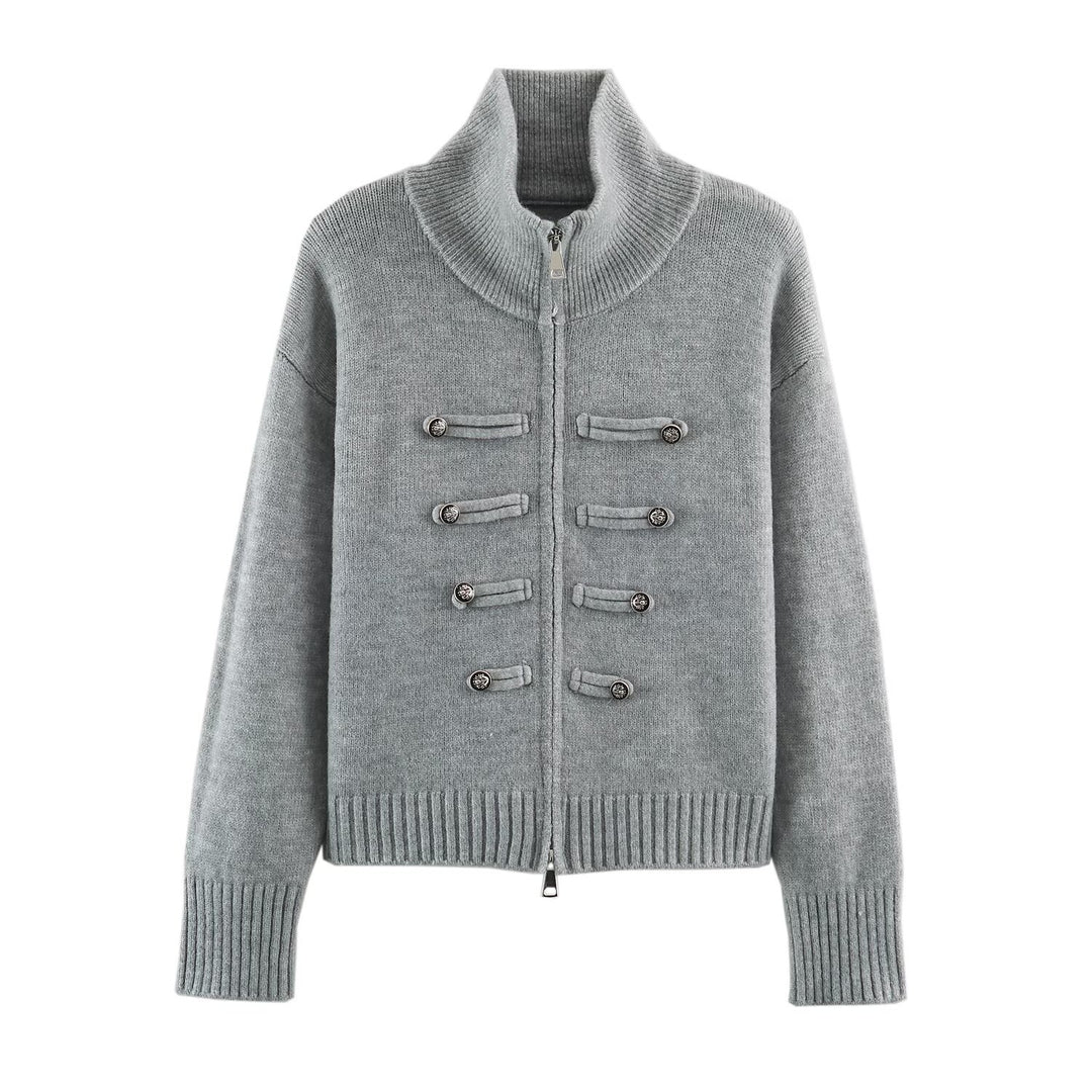 Damen Strickjacke mit Reißverschluss, hohem Stehkragen und dekorativen Zierknopfleisten Nord Taschen