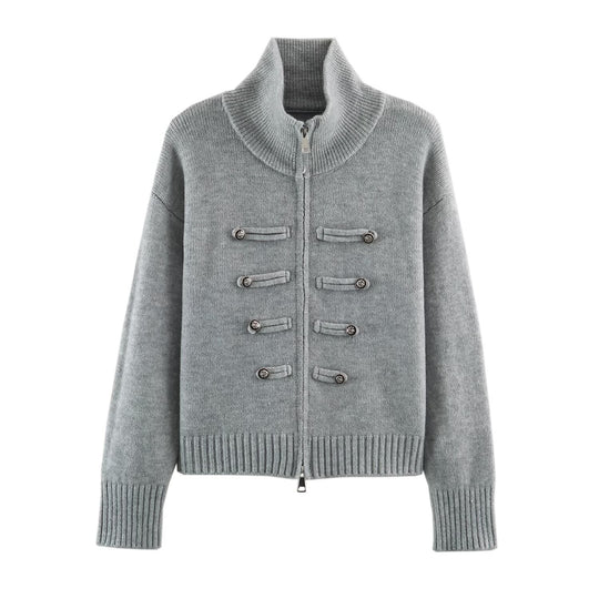 Damen Strickjacke mit Reißverschluss, hohem Stehkragen und dekorativen Zierknopfleisten Nord Taschen