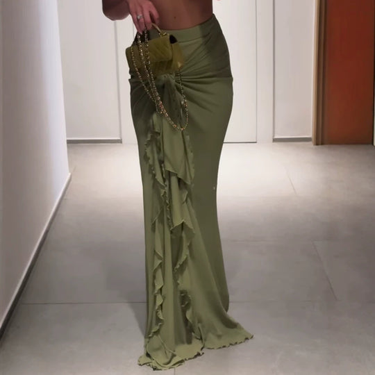 Damen Hochtaillierter Maxi-Rock mit asymmetrischer Raffung, Knotendetail und Volant-Schlitz Nord Taschen
