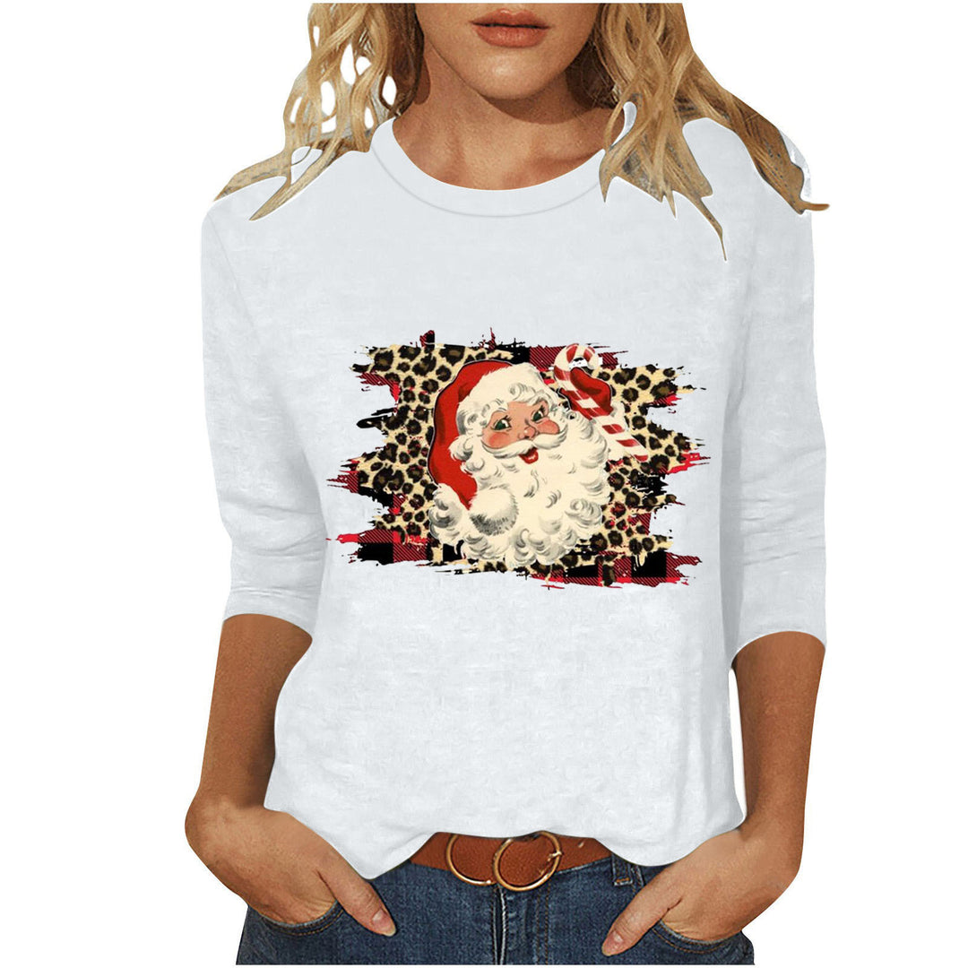 Damen nan lässiges Sweatshirt mit Retro-Weihnachtsmann-Print, Leoparden- und Karomuster und dreiviertelärmel Nord Taschen