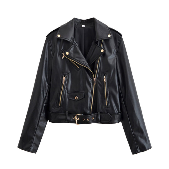 Damen Bikerjacke aus Lederimitat mit asymmetrischem Reißverschluss, Taillengürtel und goldfarbenen Details Nord Taschen
