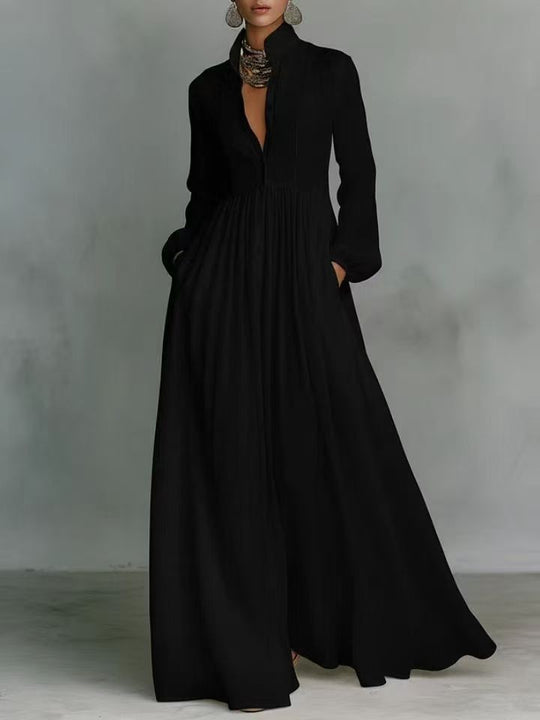 Damen Maxikleid mit Stehkragen, Knopfleiste und seitlichen Taschen Nord Taschen