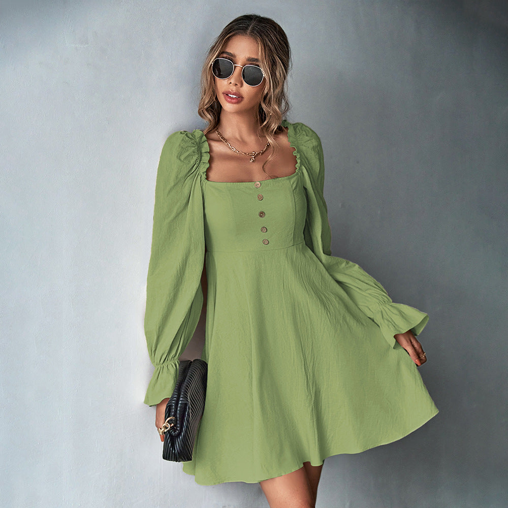 Damen romantisches A-Linien Kleid mit Puffärmeln quadratischem Ausschnitt und taillenbetonter Silhouette Nord Taschen