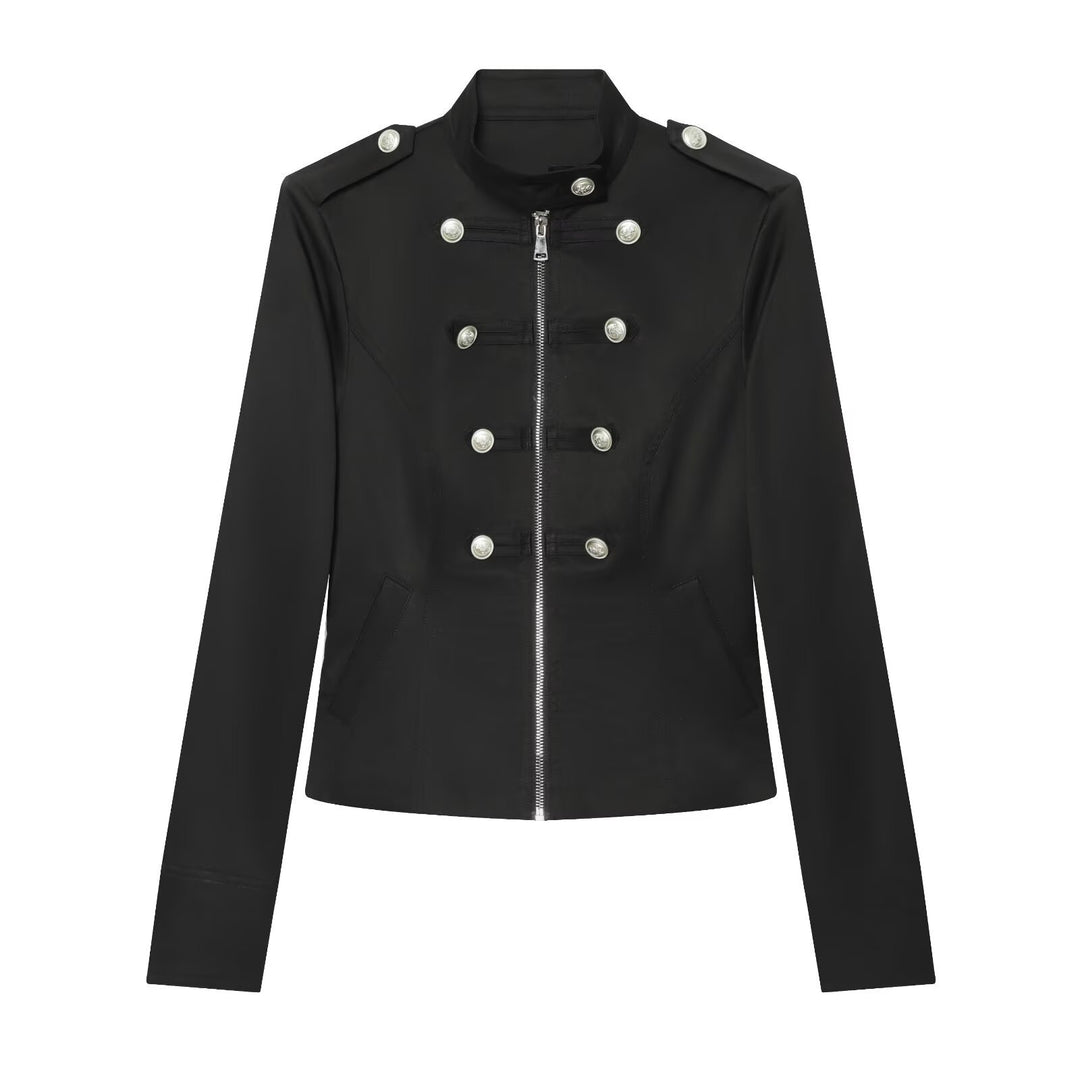 Damen Militärisch inspirierte Kurzjacke mit Reißverschluss und Zierknöpfen Nord Taschen
