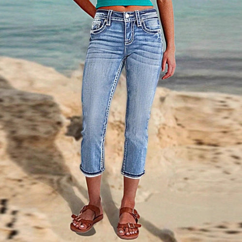 Damen Cropped-Jeans im Capri-Schnitt mit taillenhoher Passform und dezenter Used-Waschung Nord Taschen