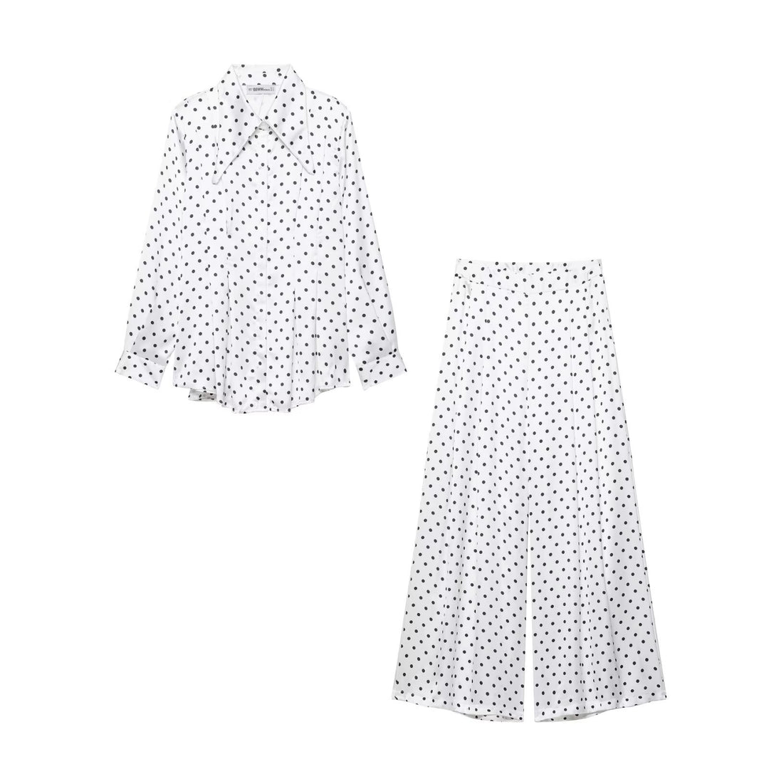 Damen Satinbluse mit übergroßem spitzen Hemdkragen, Faltenpartie und Pünktchen-Print Nord Taschen