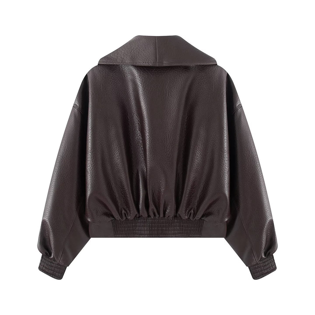 Damen Boxy Cropped Blousonjacke aus Kunstleder mit überlappendem Schalkragen und Taillenriemen Nord Taschen