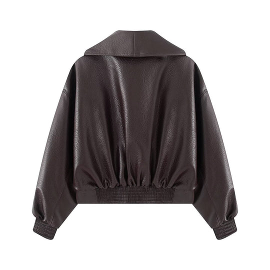 Damen Boxy Cropped Blousonjacke aus Kunstleder mit überlappendem Schalkragen und Taillenriemen Nord Taschen