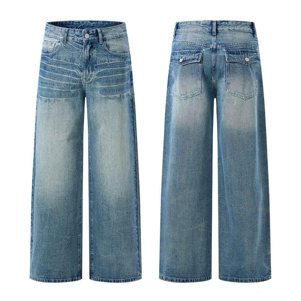 Herren Ultraweit geschnittene Denim-Baggy-Jeans mit markanten Whisker-Akzenten und bodenlangem Saum Nord Taschen