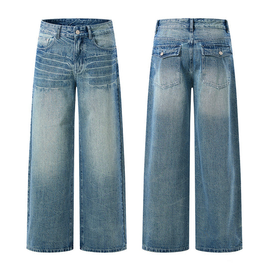 Herren Ultraweit geschnittene Denim-Baggy-Jeans mit markanten Whisker-Akzenten und bodenlangem Saum Nord Taschen