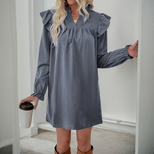 Damen Volant-Hemdkleid mit geraffter Passe, Stehkragen und elastischen Manschetten Nord Taschen