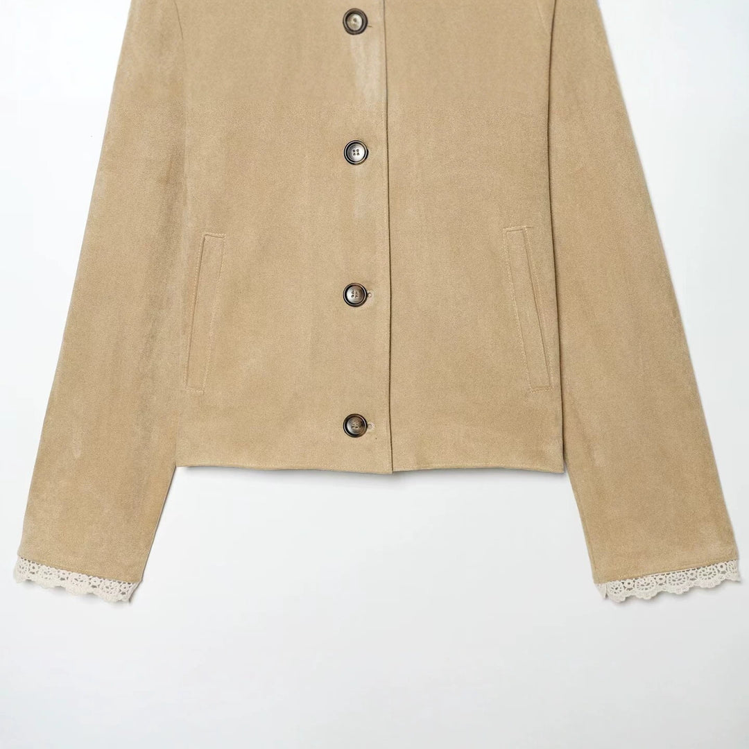 Damen Kurzjacke in Wildlederoptik mit gehäkeltem Kragen und Spitzenbesatz Nord Taschen