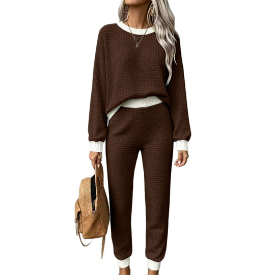 Damen Waffelstrick-Komfort-Set mit hochtaillierter Slim-Jogginghose und Oversize-Pullover Nord Taschen
