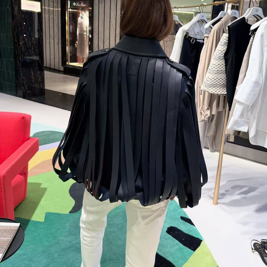 Damen Lederimitat‑Fransenblouson mit Stehkragen und Taillengürtel Nord Taschen