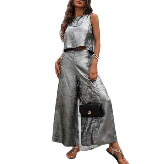 Damen Glänzendes Set aus ärmellosem Oberteil und weitem Hosen Nord Taschen
