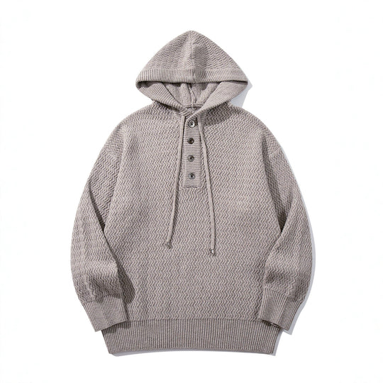 Unisex Strukturierter Kapuzen‑Strickpullover mit Henley‑Knopfleiste Nord Taschen