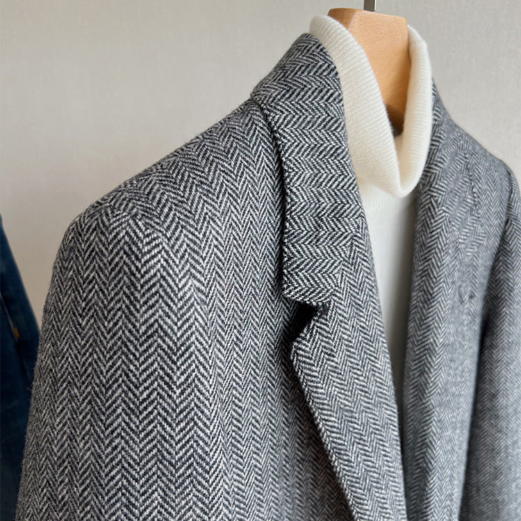 Damen Lockere Wollmix-Blazer im Fischgrät-Tweed mit Kontrast-Ellenbogenpatches Nord Taschen