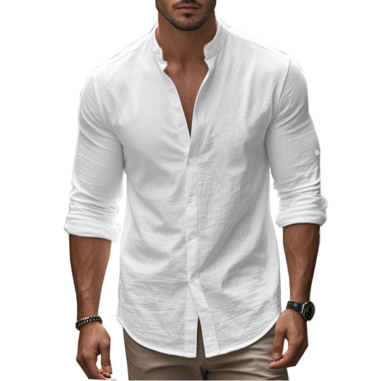 Herren Langarm-Hemd mit modernem Henley-Kragen und kontrastierenden Knopfdetails