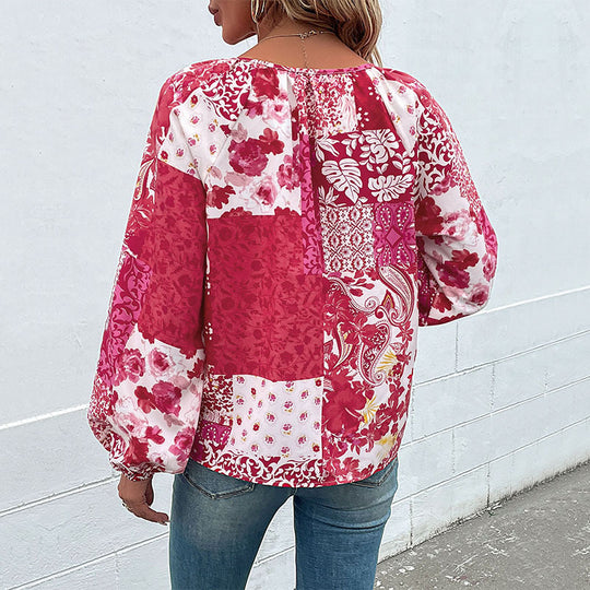 Damen Leichte Boho-Bluse mit Patchwork‑Print, Bindeschlitz und Ballonärmeln Nord Taschen
