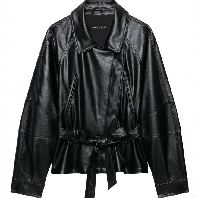 Damen Kurzjacke aus veganem Leder mit Taillengürtel und überschnittenen Schultern Nord Taschen
