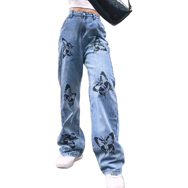 Damen weite High-Waist-Jeans mit Gothic-Schmetterlingsprint und entspanntem Straight-Leg Nord Taschen