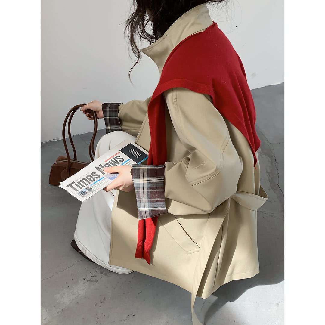 Damen Oversize Trenchcoat mit Taillengürtel und karierter Ärmelaufschlag Nord Taschen