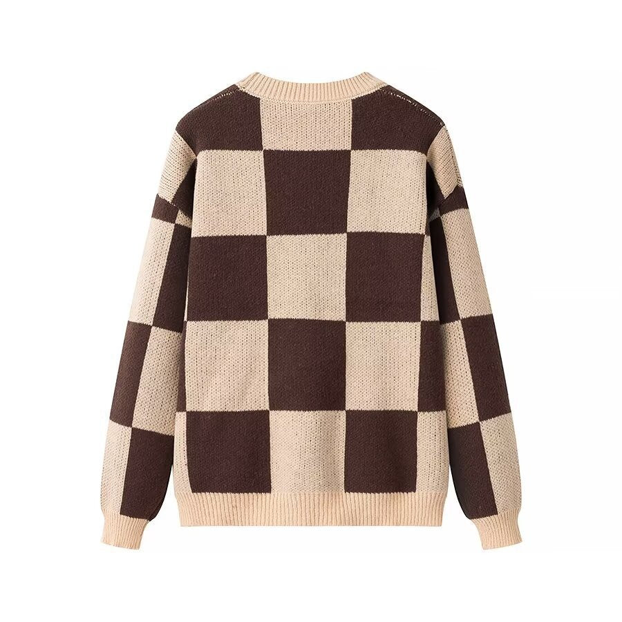 Damen Oversize-Strickpullover mit großem Karo‑Muster und geripptem Saum Nord Taschen