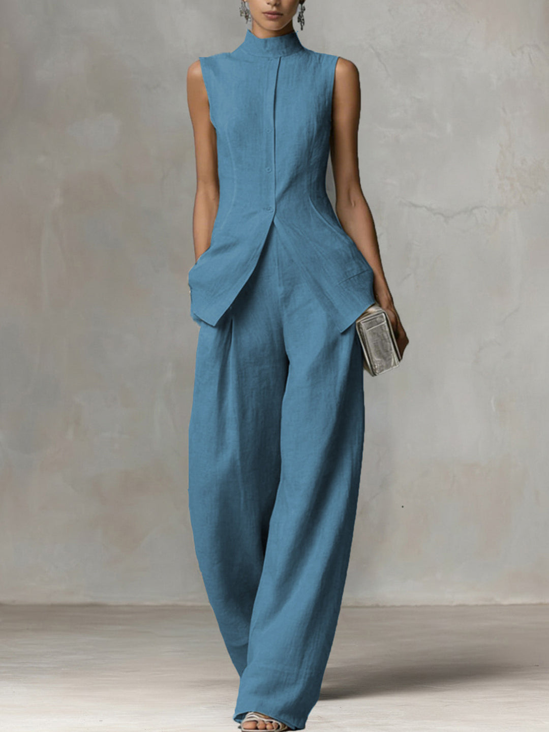 Damen Ärmelloser Leinen-Jumpsuit mit Stehkragen und weitem Bein Nord Taschen