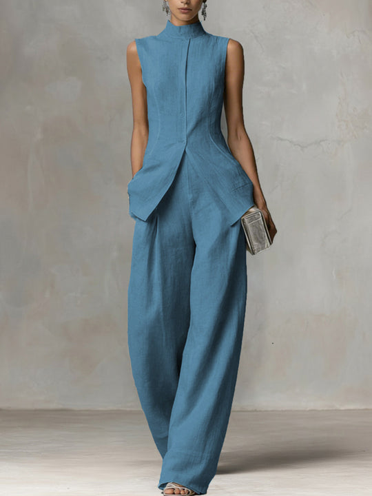 Damen Ärmelloser Leinen-Jumpsuit mit Stehkragen und weitem Bein Nord Taschen