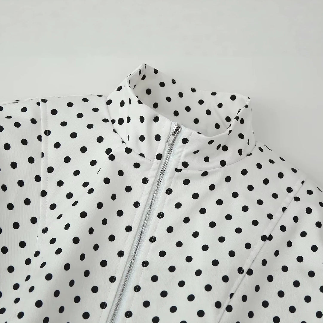 Damen Cropped Blousonjacke im Retro-Punkteprint mit Stehkragen und figurgebenden Teilnähten Nord Taschen