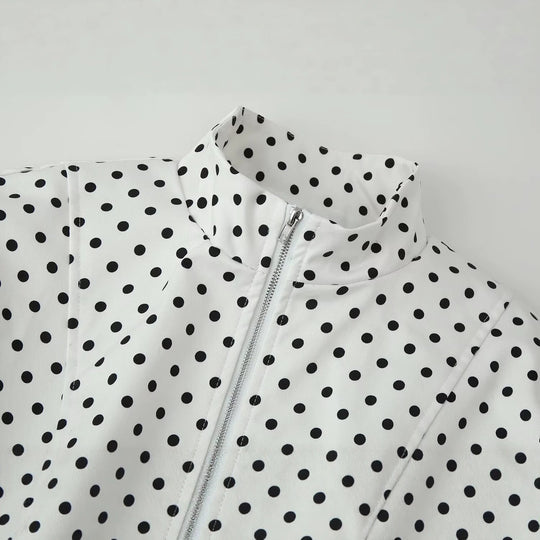 Damen Cropped Blousonjacke im Retro-Punkteprint mit Stehkragen und figurgebenden Teilnähten Nord Taschen