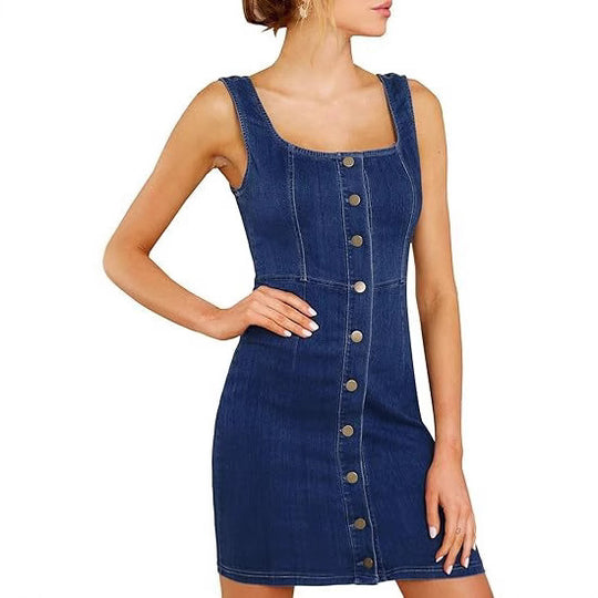 Damen Enganliegendes Jeanskleid mit durchgehender Knopfleiste und quadratischem Ausschnitt Nord Taschen