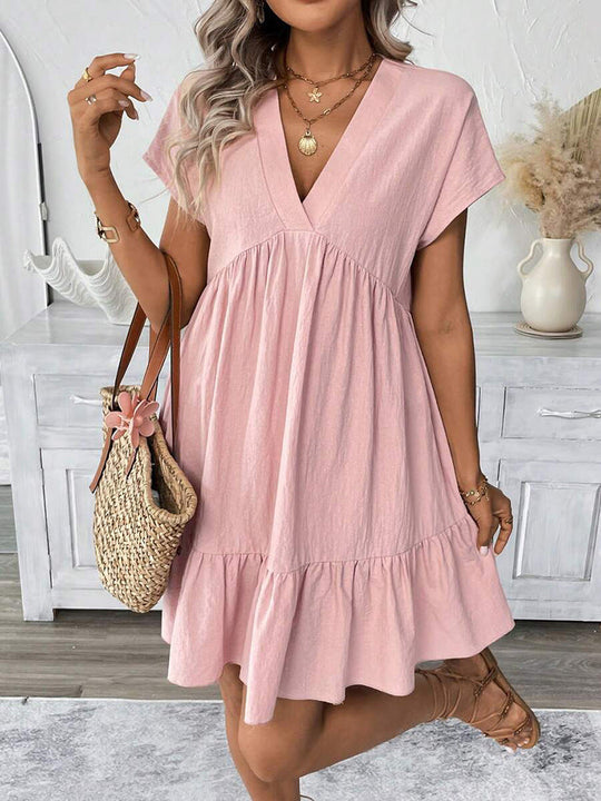 Damen kurzes Sommerkleid mit tiefem V-Ausschnitt und Rüschensaum