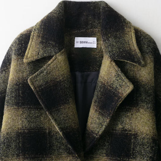 Damen Oversize Wollmix-Mantel mit Karomuster, Reverskragen und aufgesetzten Taschen Nord Taschen