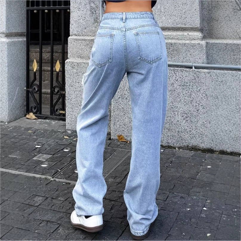 Damen Hochtaillierte Oversize-Baggy-Jeans mit starkem Destroyed-Look und tiefem Schritt Nord Taschen
