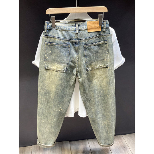 Herren Relaxed-Tapered Vintage-Jeans mit Paint‑Splatter, hohem Bund und umgeschlagenem Saum Nord Taschen