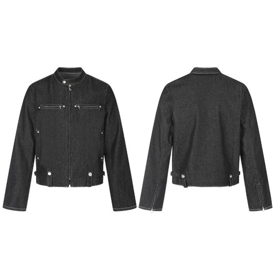Damen kurze Denim-Bikerjacke mit Stehkragen, Reißverschluss und Druckknopfdetails Nord Taschen