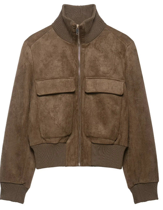 Damen Kurz geschnittene Veloursleder‑Bomberjacke mit Rippenkragen und aufgesetzten Klappentaschen Nord Taschen