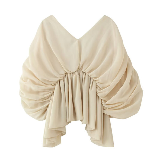 Damen Drapiertes Chiffon-Top mit V-Ausschnitt und voluminösen Fledermausärmeln Nord Taschen
