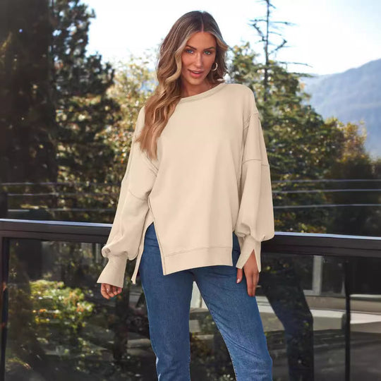 Damen Weiches Longline-Sweatshirt mit Ballonärmeln, seitlichen Schlitzen und geripptem Saum Nord Taschen