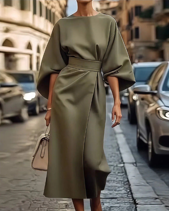 Damen Elegantes Maxikleid mit Befestigungsband und weitem Ärmel