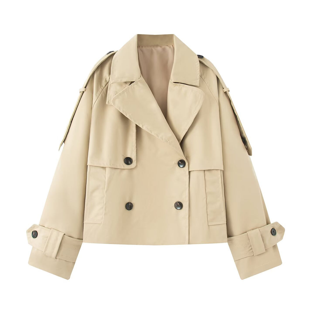 Damen Kurz geschnittener Cropped-Trenchcoat mit doppelreihiger Knopfleiste und Schulterklappen Nord Taschen