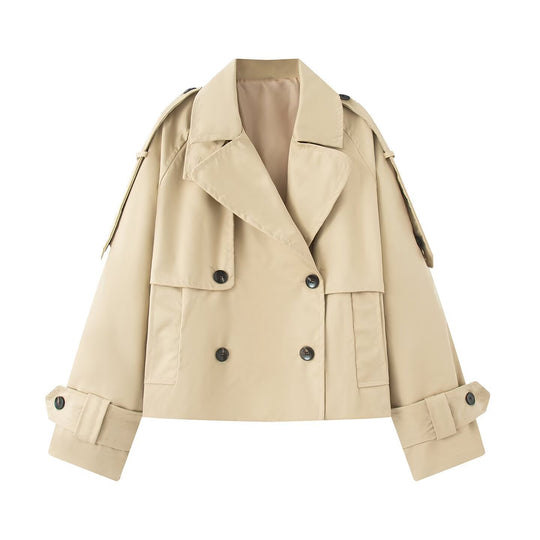 Damen Kurz geschnittener Cropped-Trenchcoat mit doppelreihiger Knopfleiste und Schulterklappen Nord Taschen